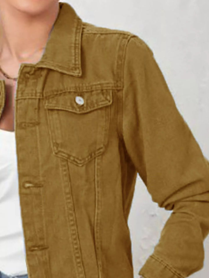 Cropped button-up denim trucker jacket with chest pockets