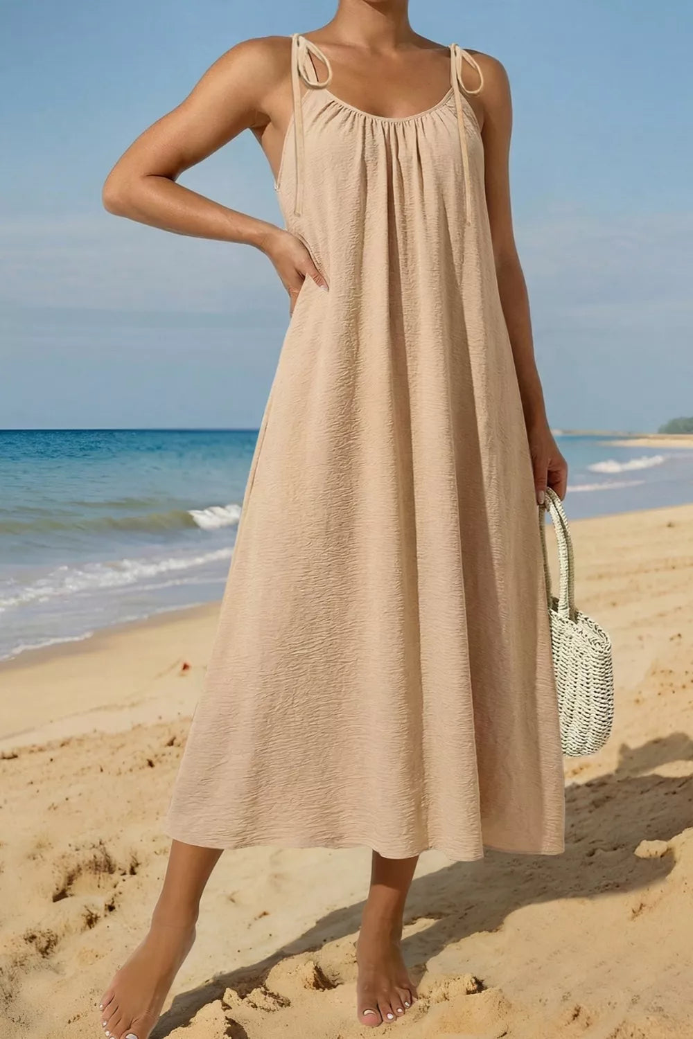 Tie-shoulder sleeveless flowy cotton midi dress