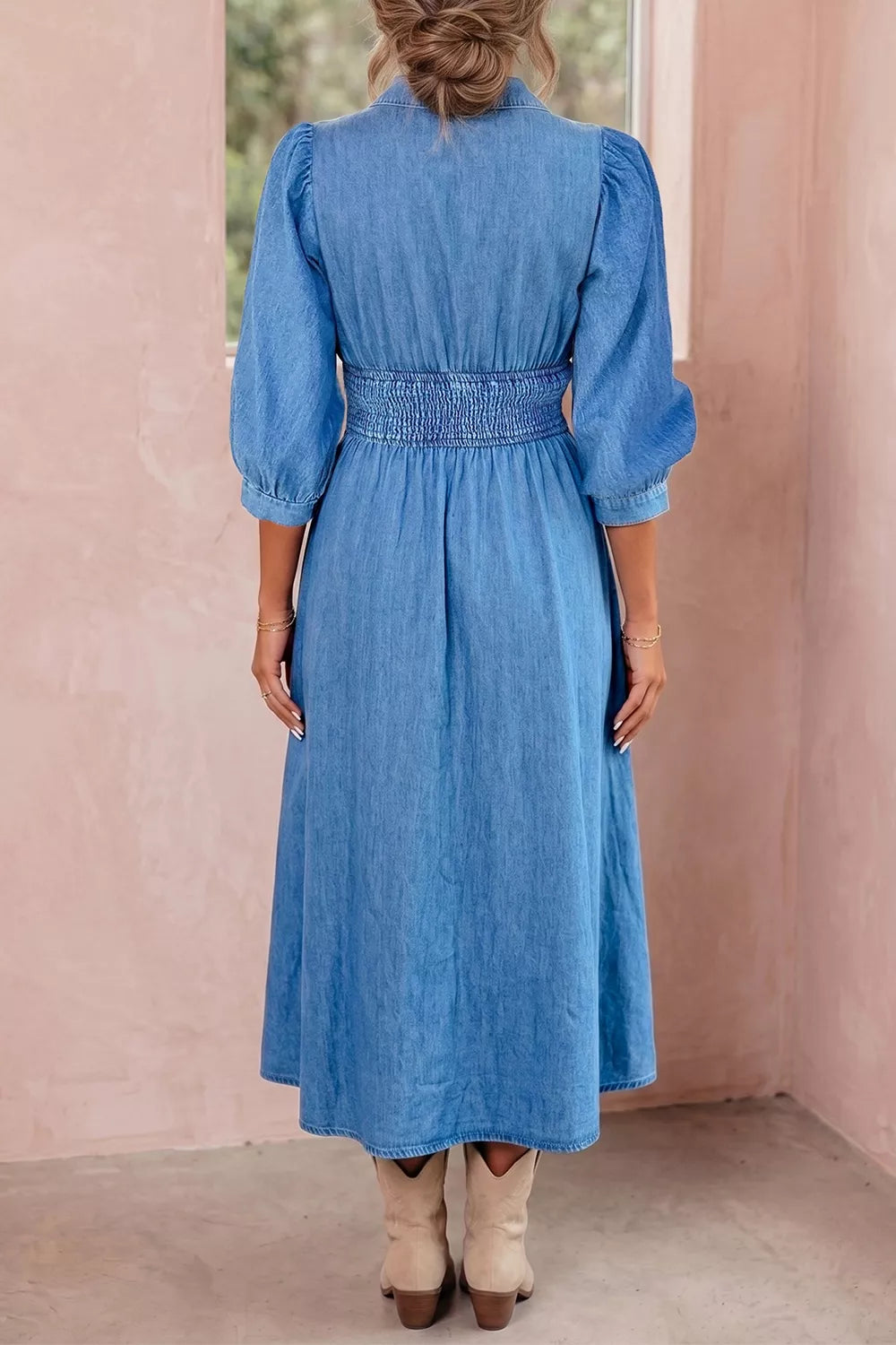 Zip-front denim midi dress with smocked waist and puff sleeves