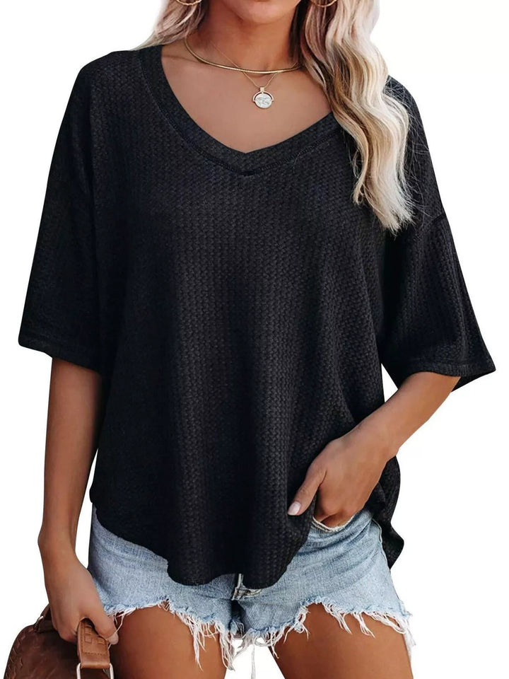Black Waffle knit v-neck drop shoulder short sleeve tee