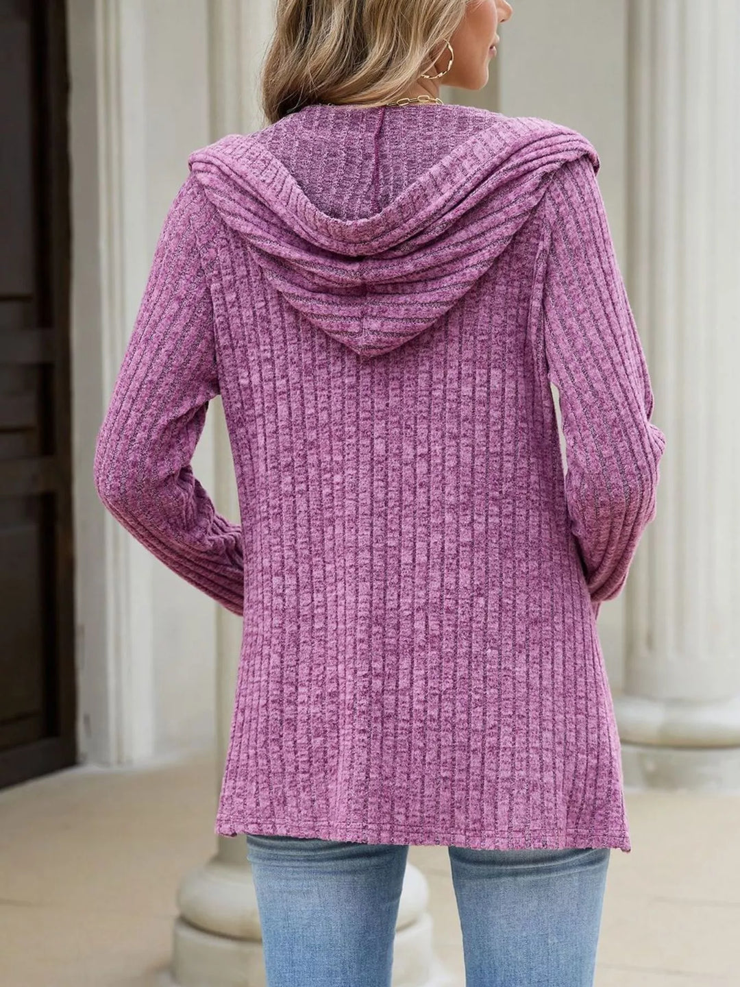 Ribbed knit hooded cardigan with tortoise buttons