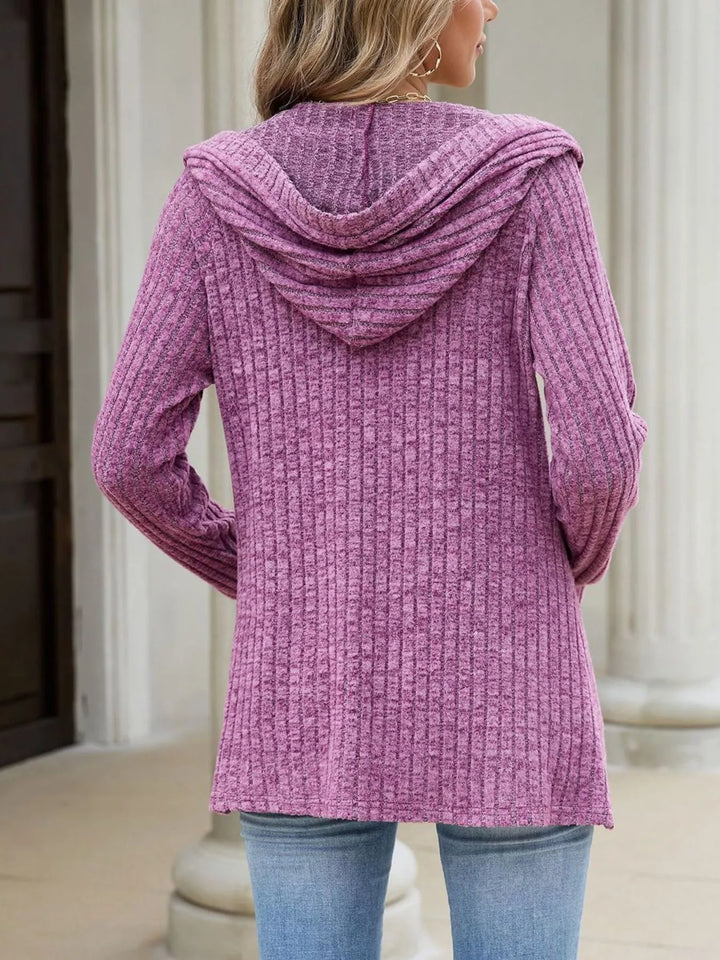 Ribbed knit hooded cardigan with tortoise buttons