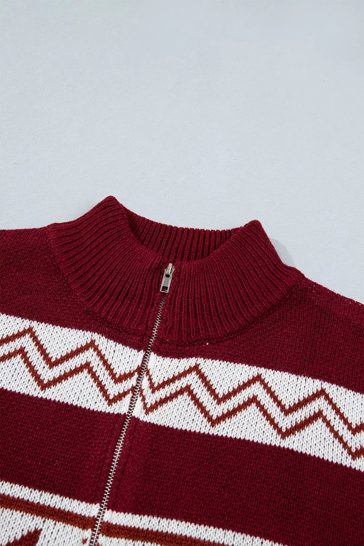 Snowflake Fair Isle zip-up knit cardigan with mock neck
