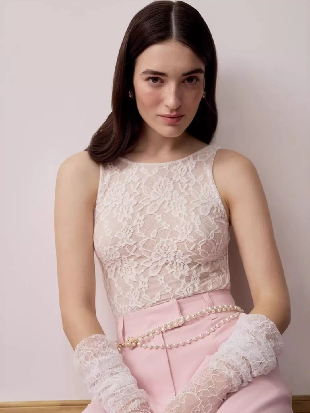 Sheer floral lace round neck long sleeve top