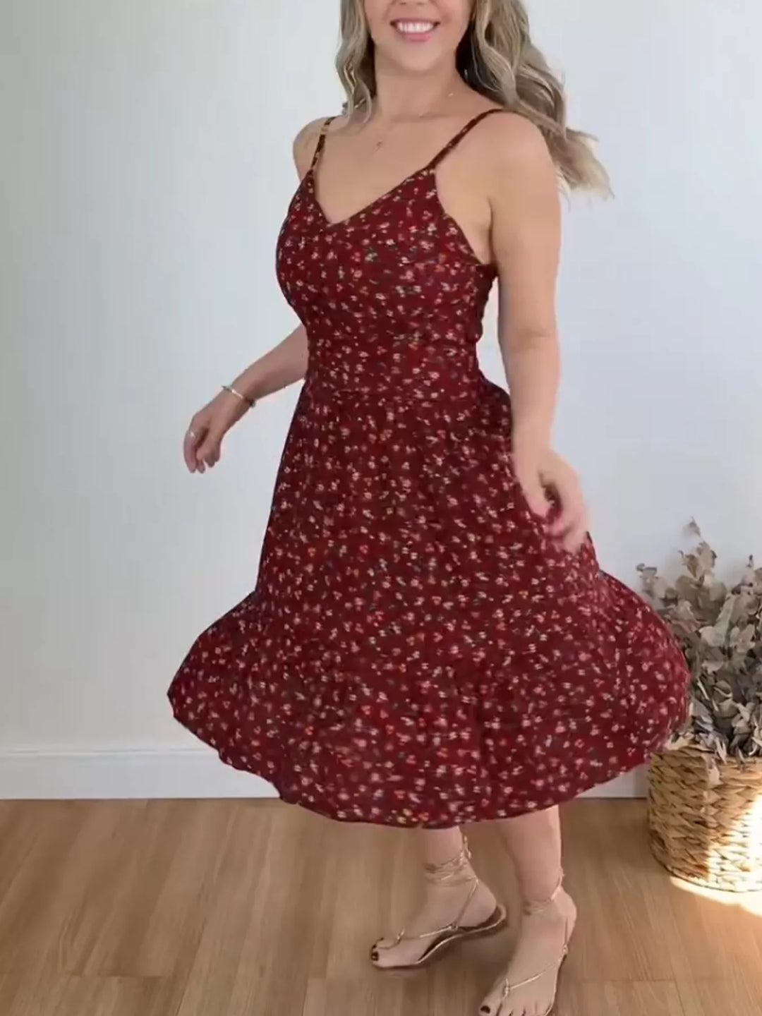 Ditsy floral spaghetti strap tiered ruffle midi sundress