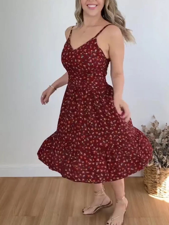Ditsy floral spaghetti strap tiered ruffle midi sundress