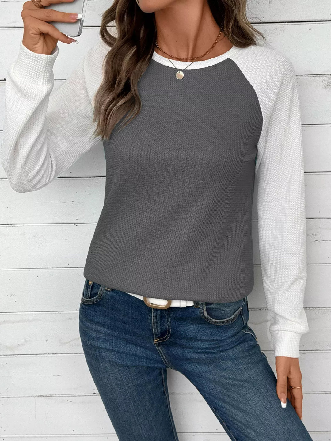 Waffle knit long sleeve raglan tunic top