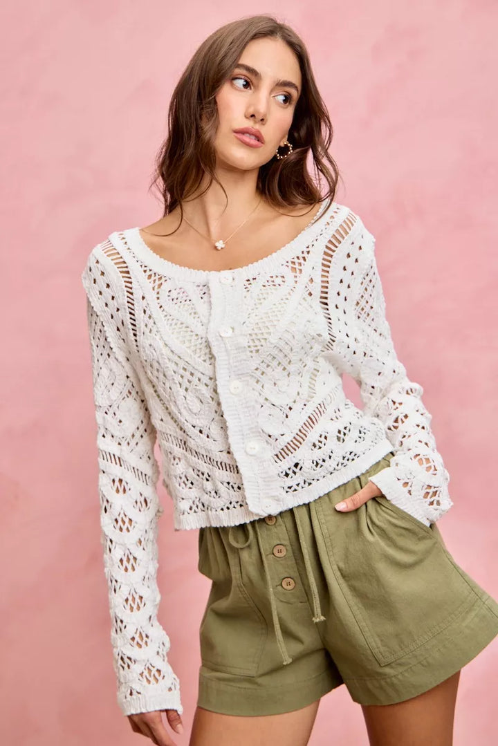 Paper bag waist twill shorts with button front and patch pockets