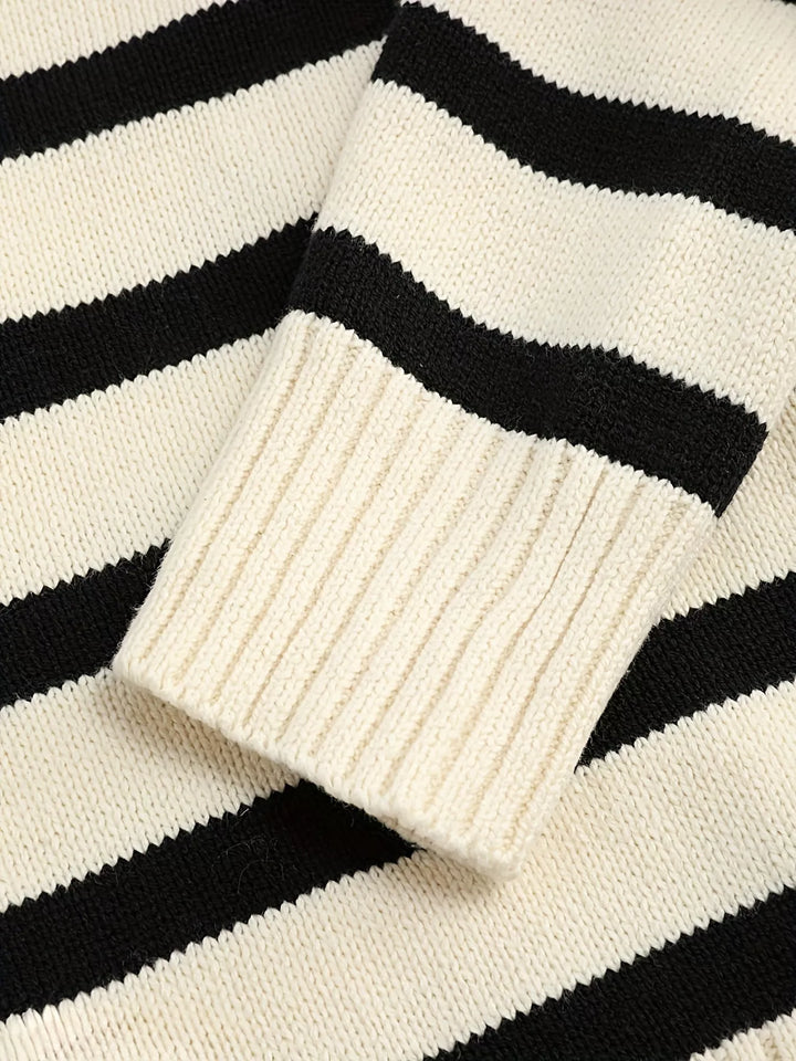 Striped polo collar ribbed knit sweater