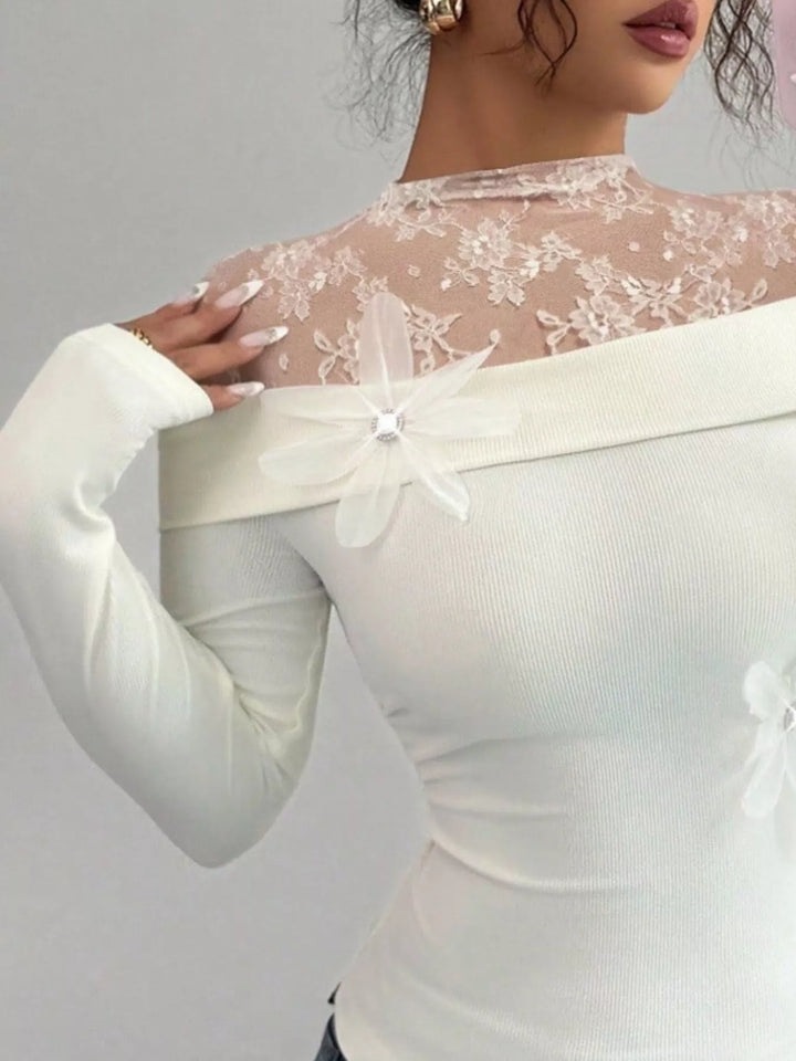 Sheer lace yoke long sleeve fitted top with flower trim