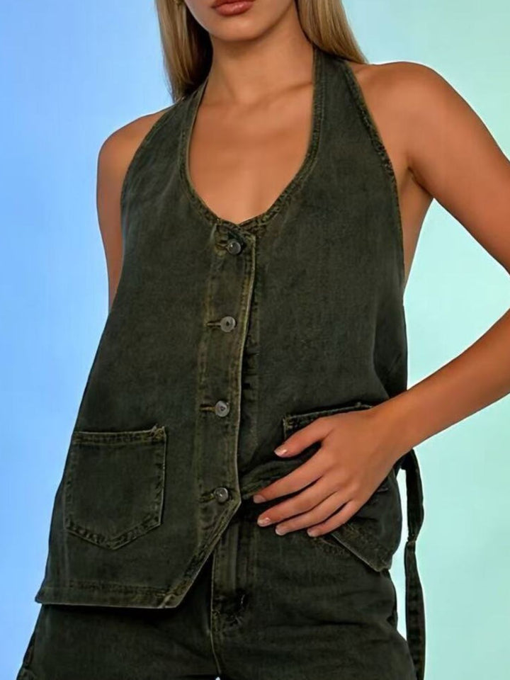 Halter neck button-down denim vest with patch pockets