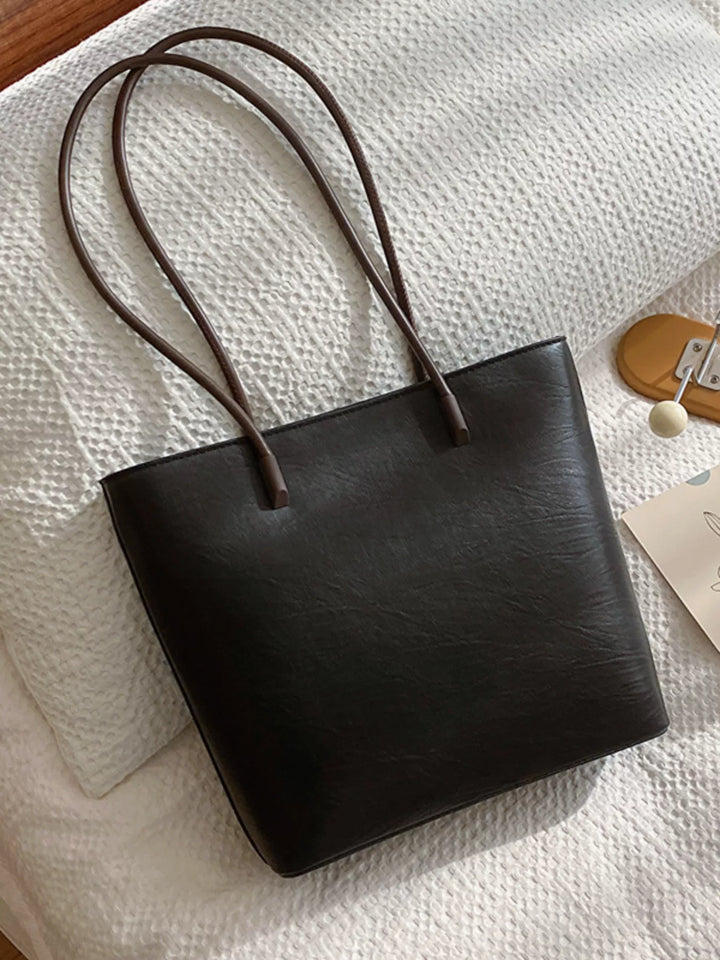 Faux leather shoulder tote bag with slim contrast straps