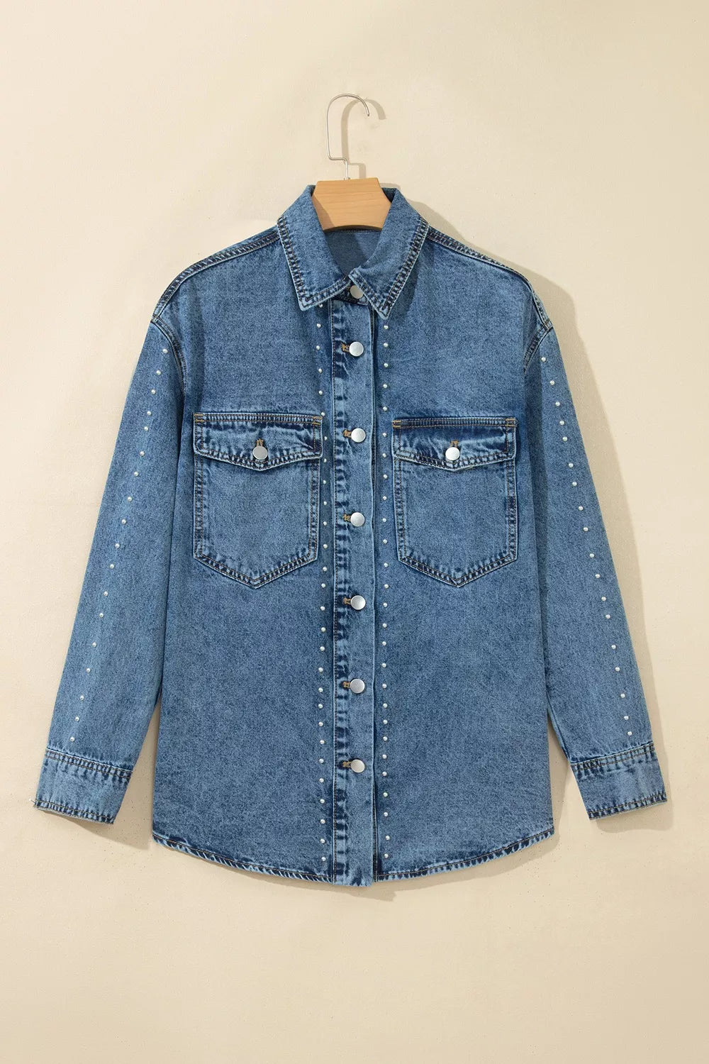 Studded western denim shirt jacket with flap chest pockets