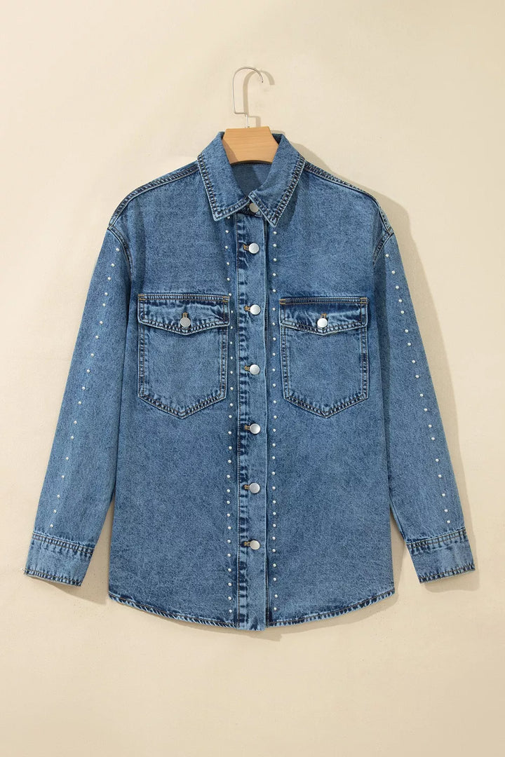 Studded western denim shirt jacket with flap chest pockets