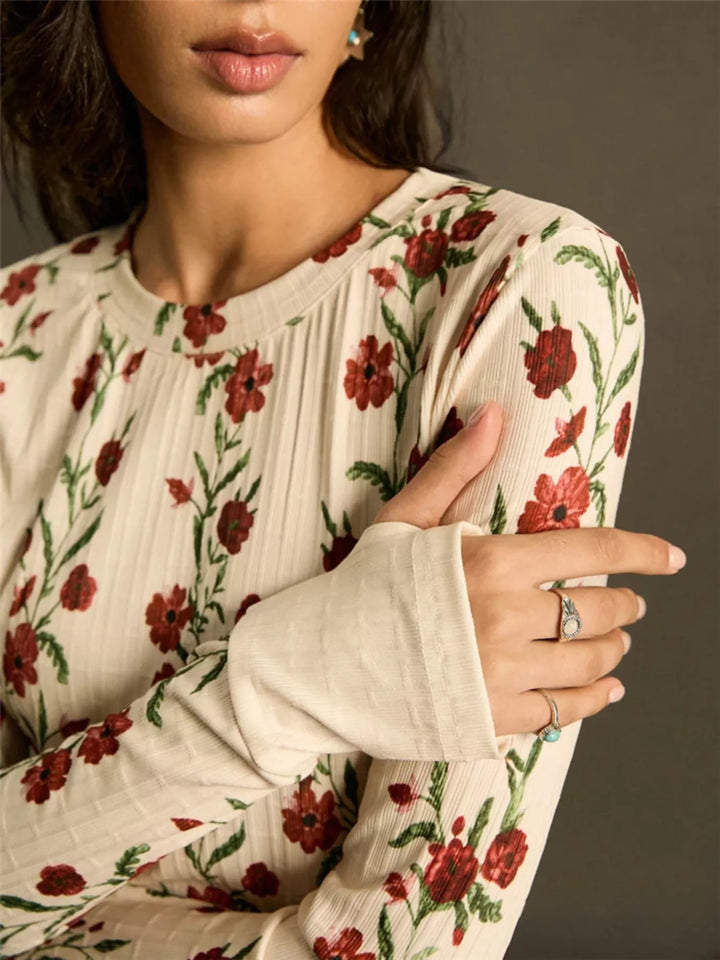 Ribbed floral long sleeve crew neck top with thumbhole cuffs
