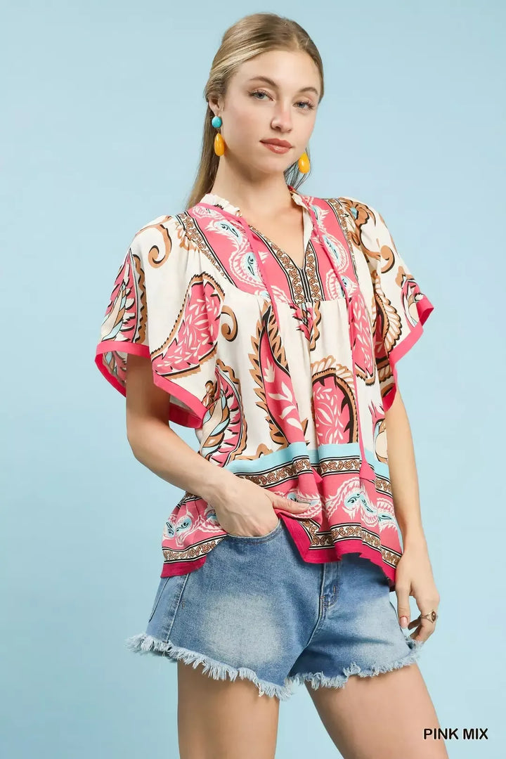 PINK MIX Mixed paisley border print boho top with tassel tie