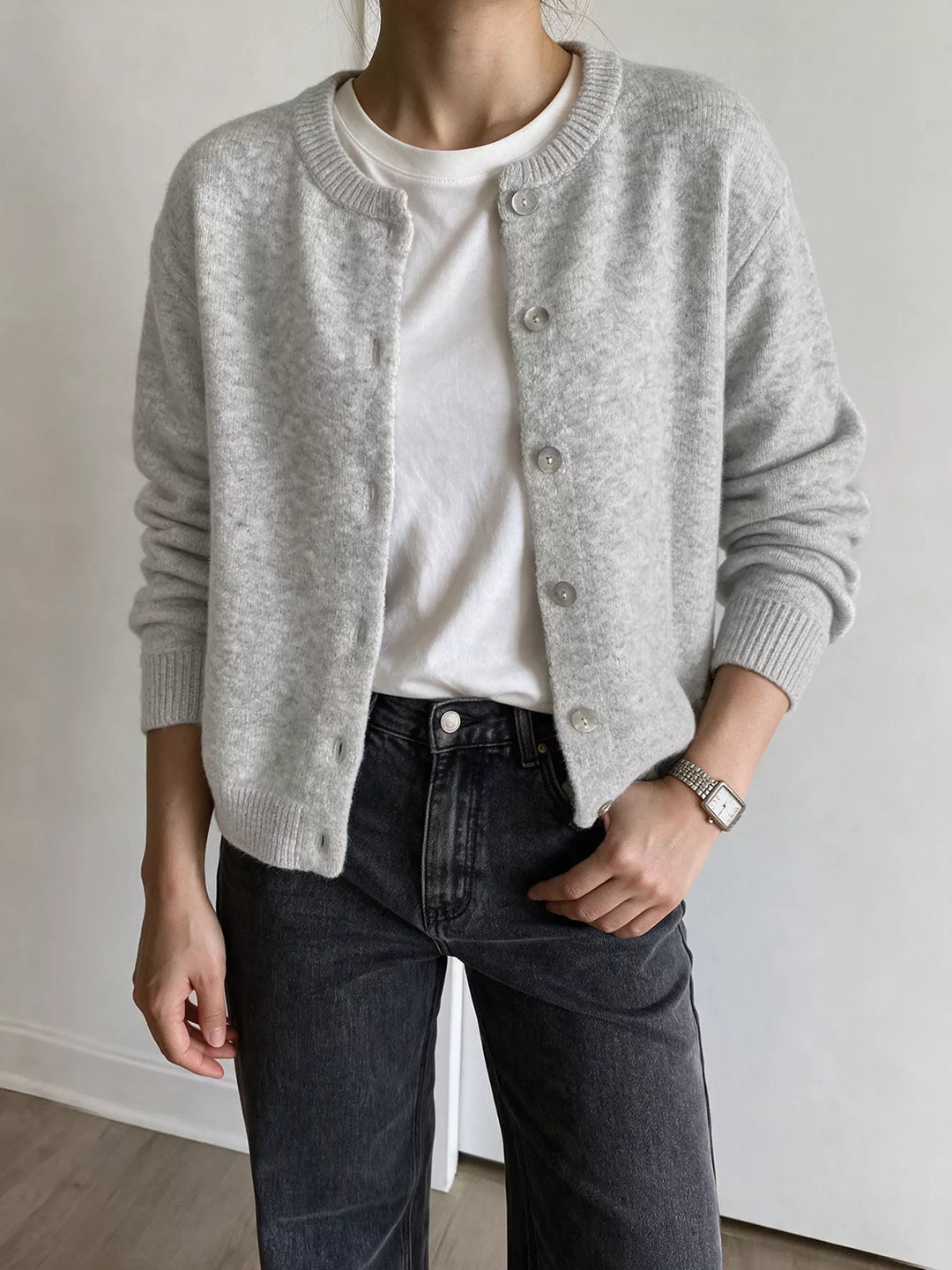 Brushed knit button-down cardigan with ribbed crew neck