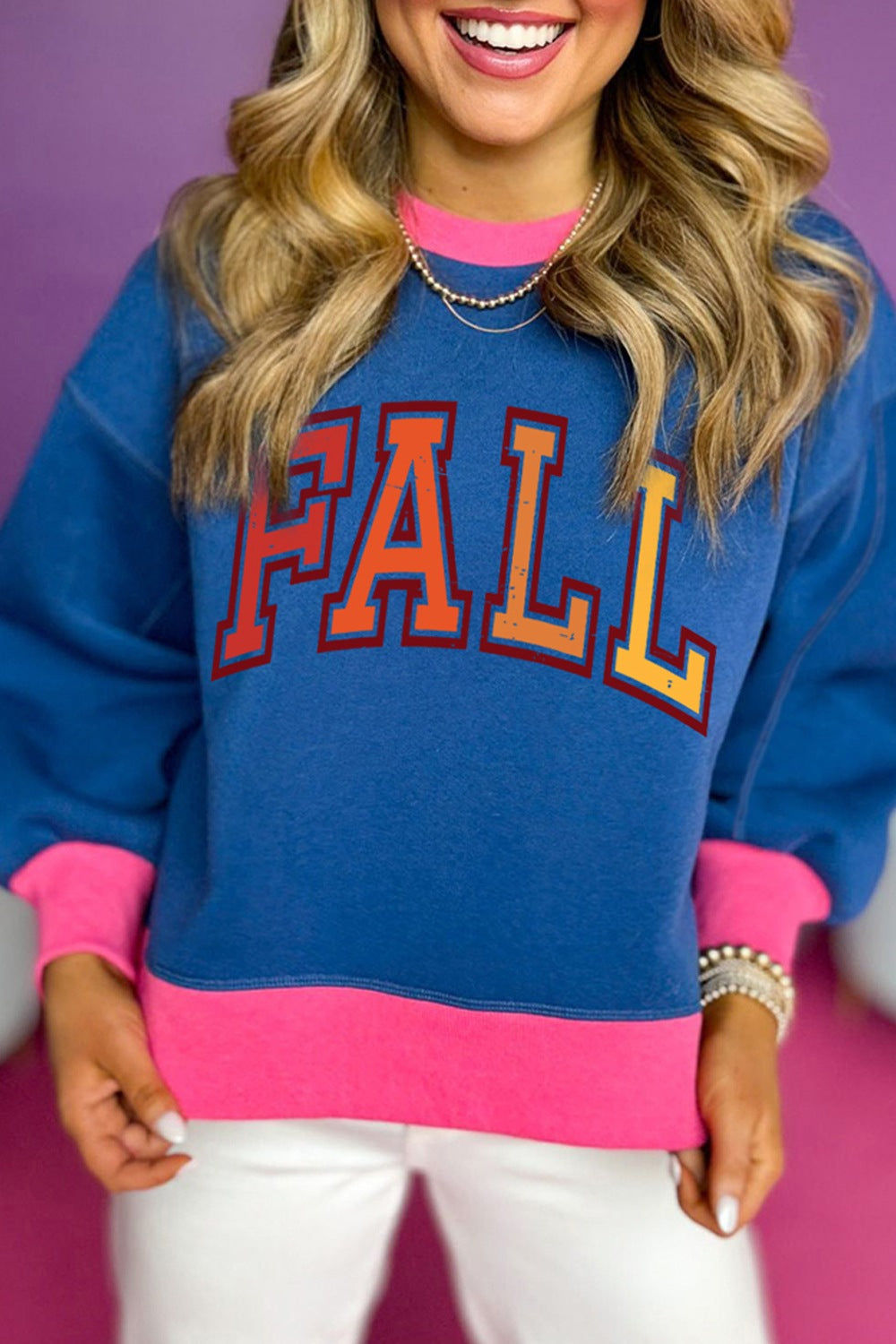Royal Blue Fall varsity graphic crewneck sweatshirt with contrast trim