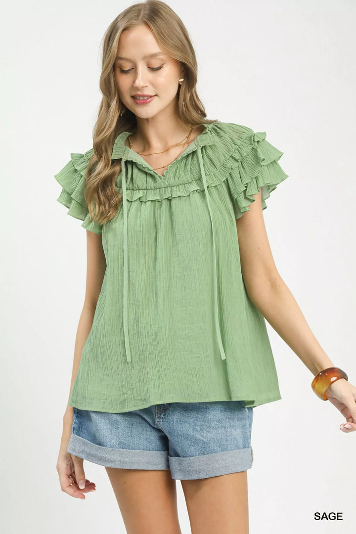 SAGE Tiered ruffle flutter sleeve tie-neck textured blouse