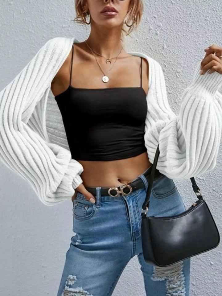 Cropped ribbed knit shrug cardigan with balloon sleeves