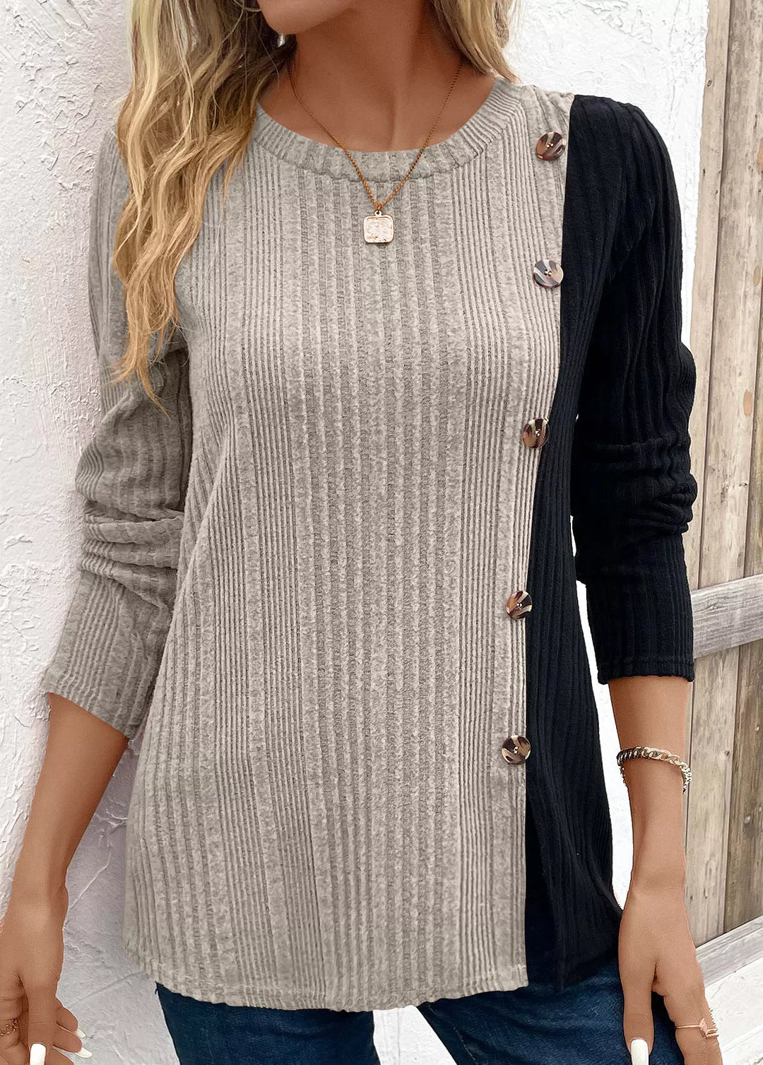 Dust Storm Color block ribbed knit long sleeve button top