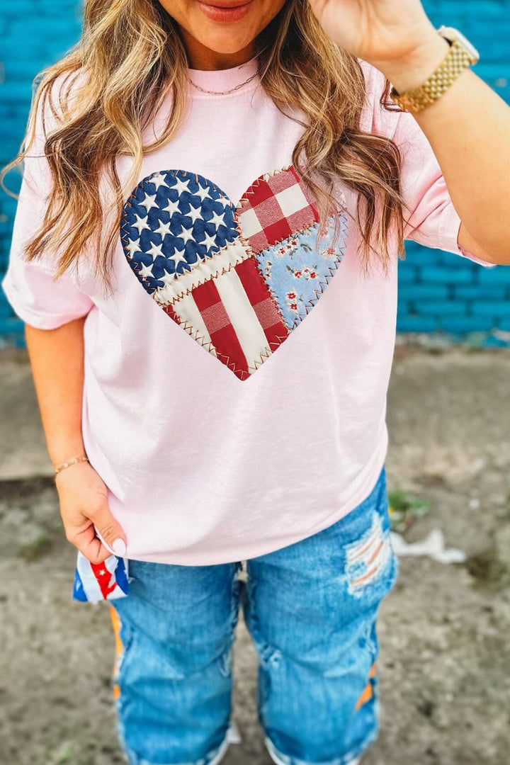Patriotic patchwork heart graphic crew neck tee
