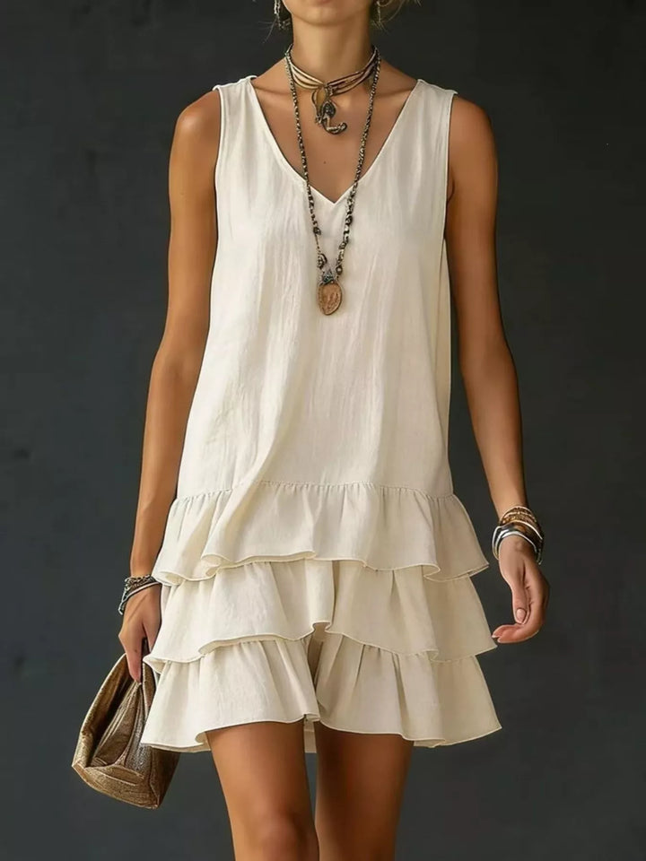 Khaki Tiered ruffle hem V-neck sleeveless mini dress