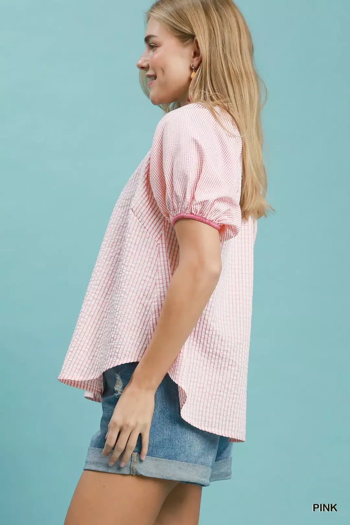 Checker puff sleeve button-front blouse with contrast trim