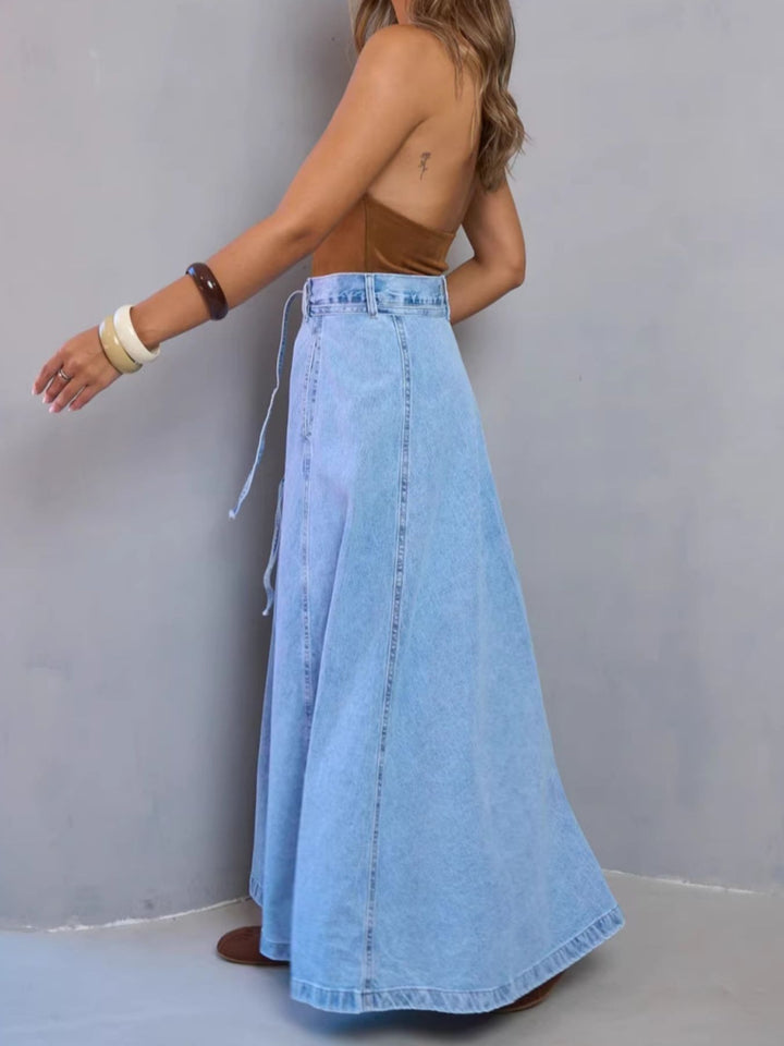 High-waisted belted A-line maxi denim skirt