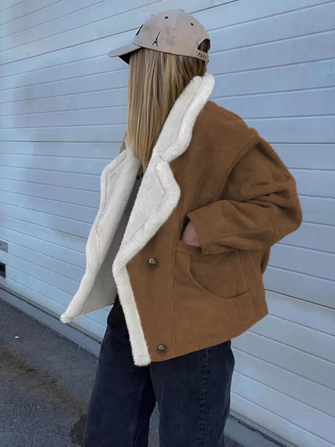 Sherpa-lapel double-breasted drop shoulder fleece coat