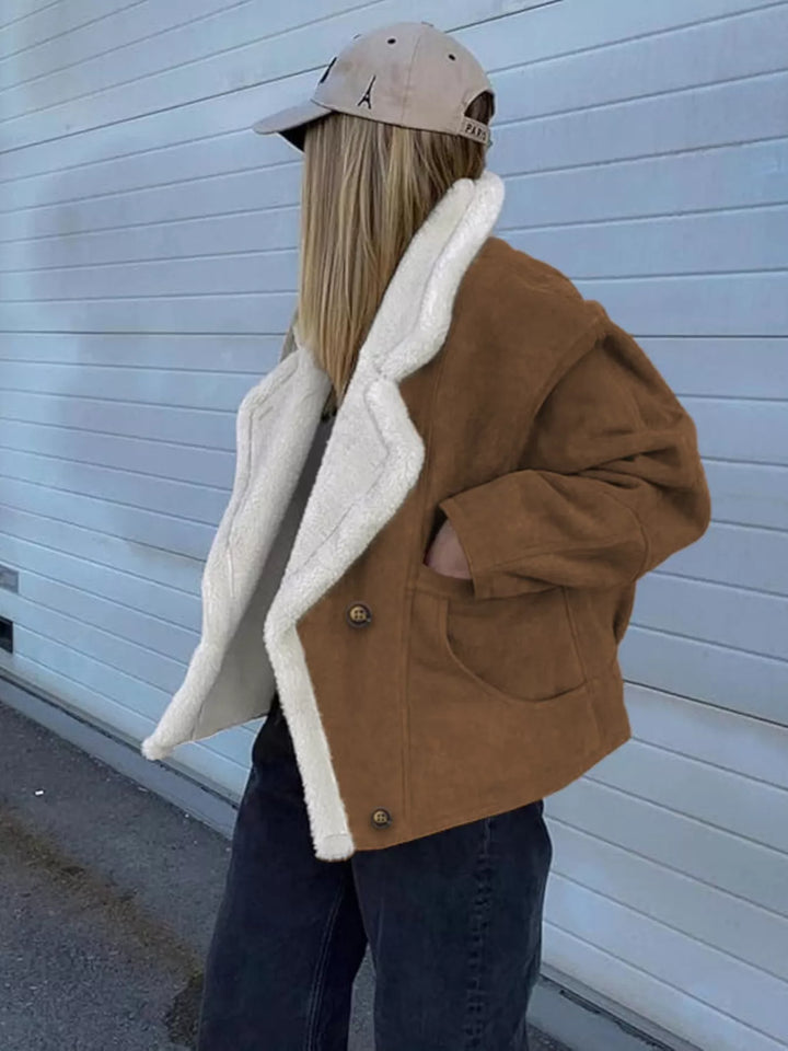Sherpa-lapel double-breasted drop shoulder fleece coat