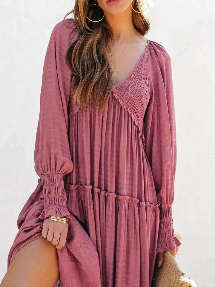 Smocked v-neck tiered maxi dress with long sleeves