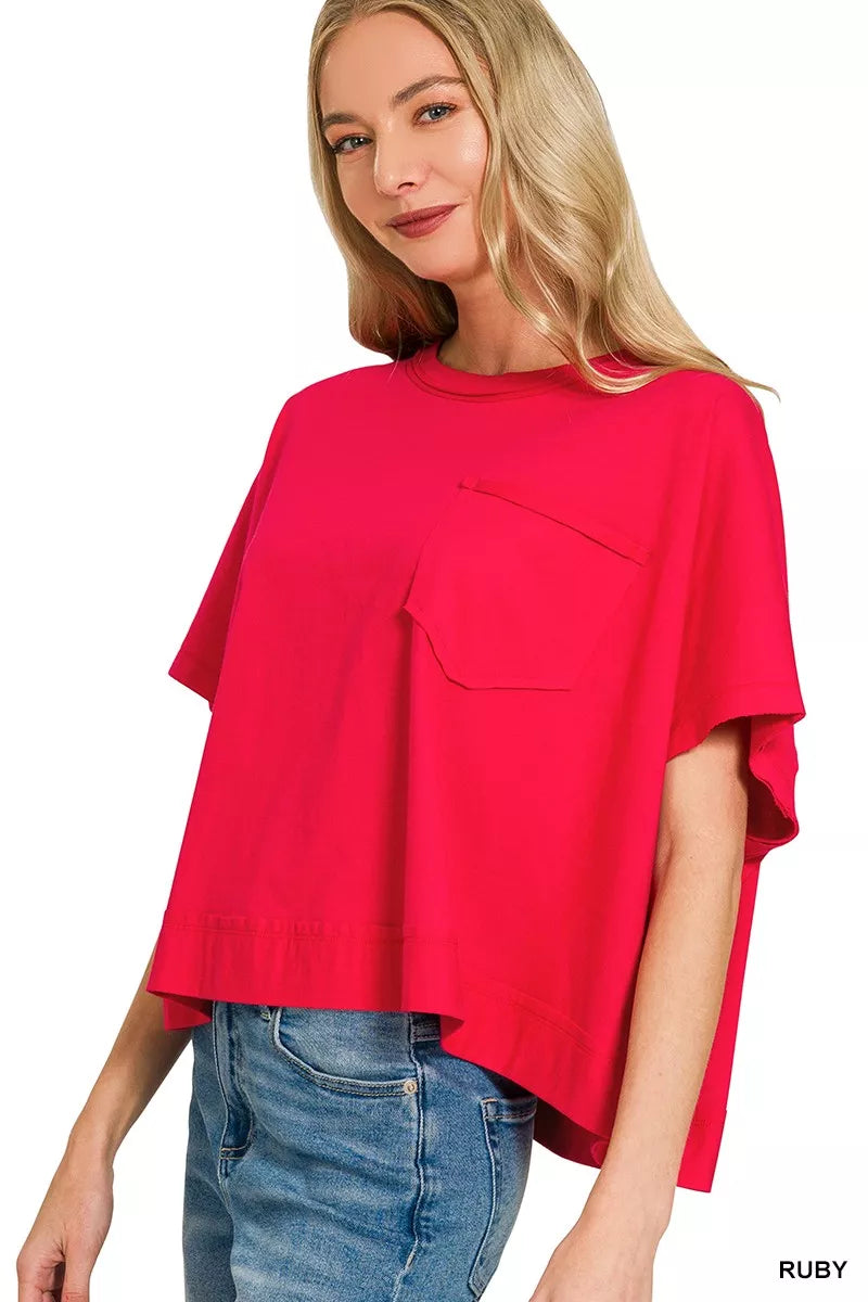 Exposed seam boxy crop tee with chest pocket