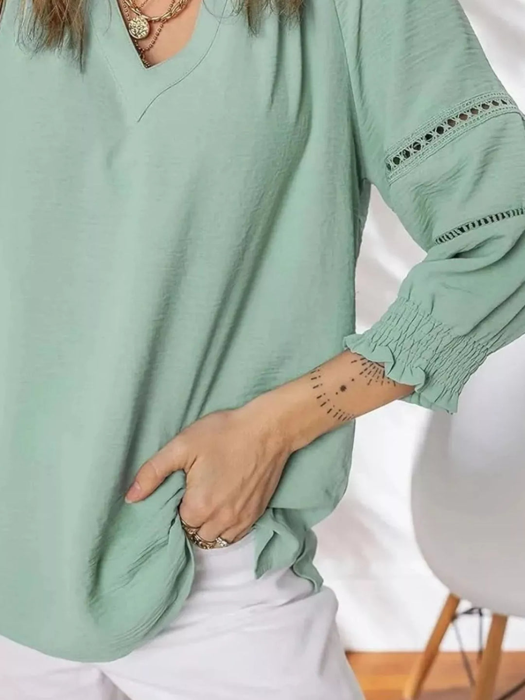 Openwork lace trim blouse with smocked cuffs and split neck