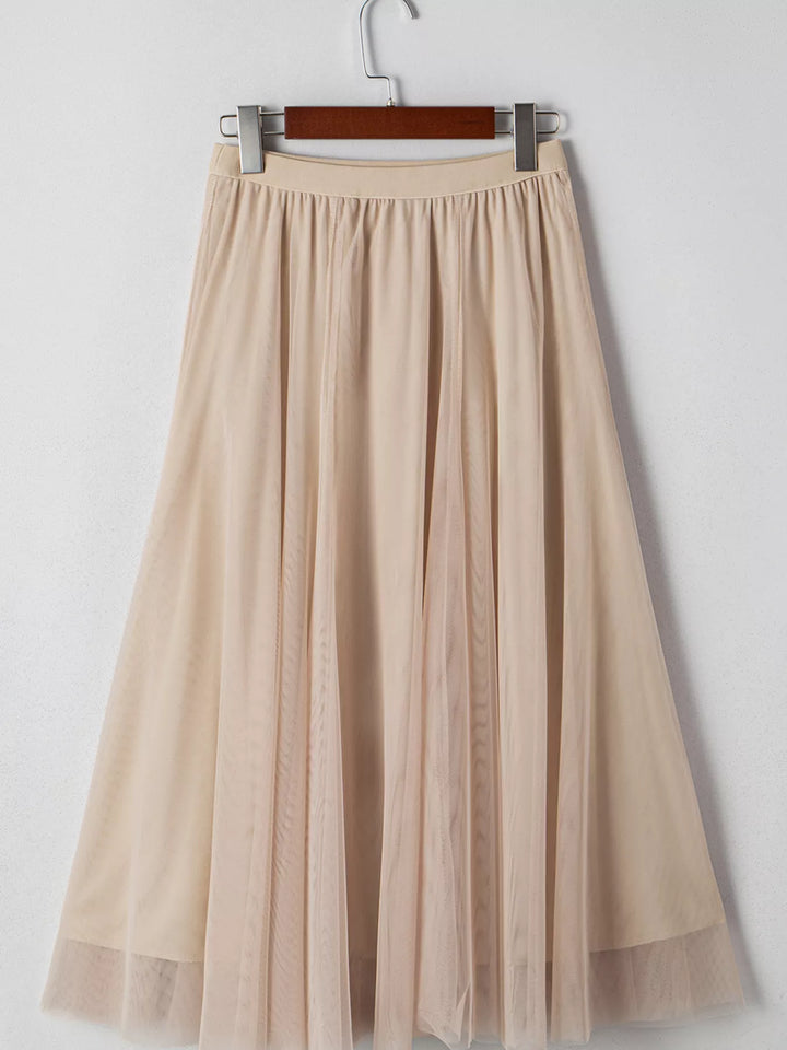 Tulle mesh overlay flared midi skirt with lace underlayer