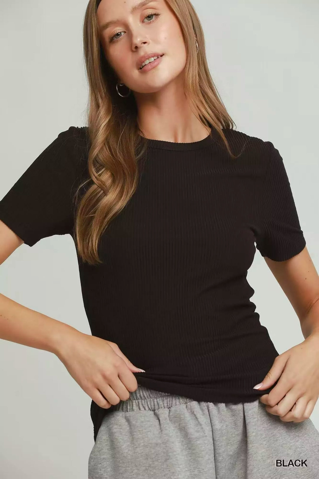 BLACK Brushed rib short sleeve crew neck tee