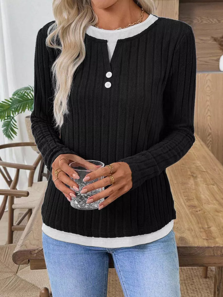 Ribbed knit long sleeve henley with contrast trim