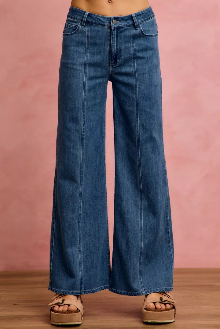 Mid-rise wide-leg jeans with front center seam