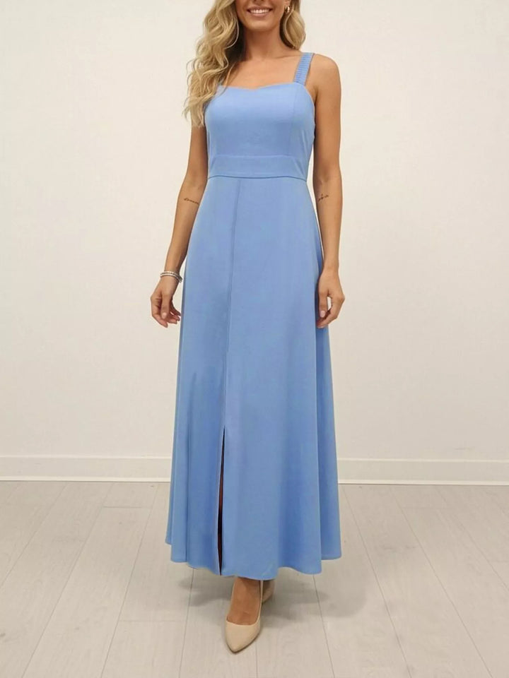 Blue Smocked-strap square-neck maxi dress with front slit