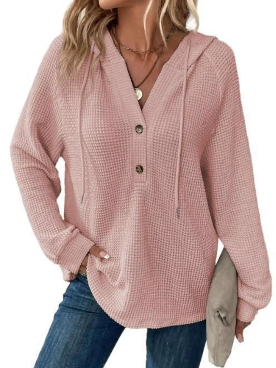Pink Button-detail waffle knit hoodie with drawstring hood