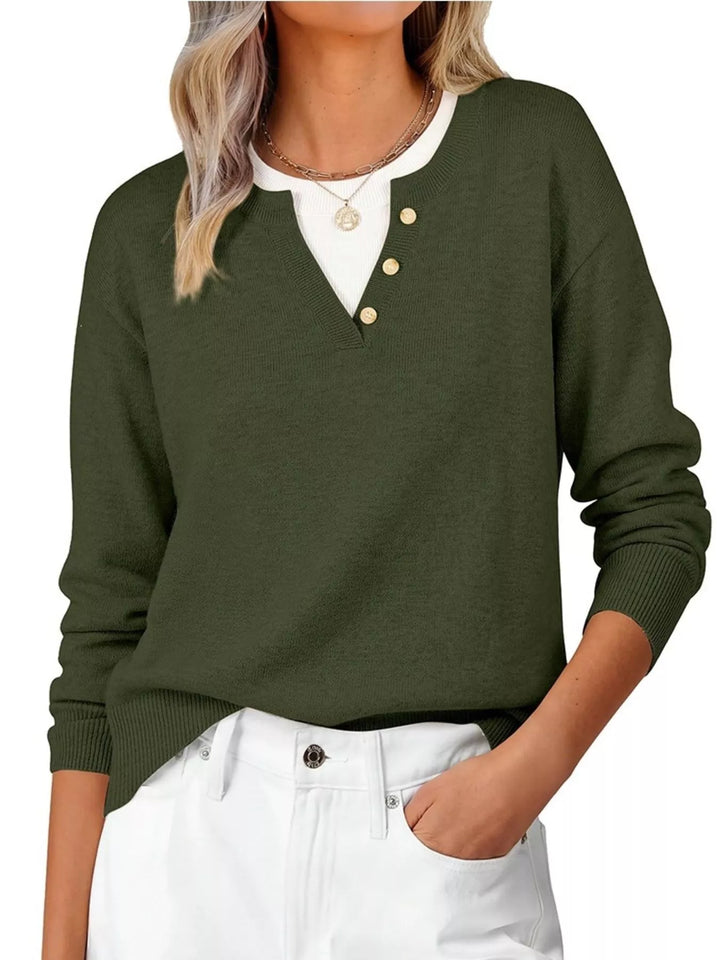 Army Green Notch neck button-trim drop shoulder sweater