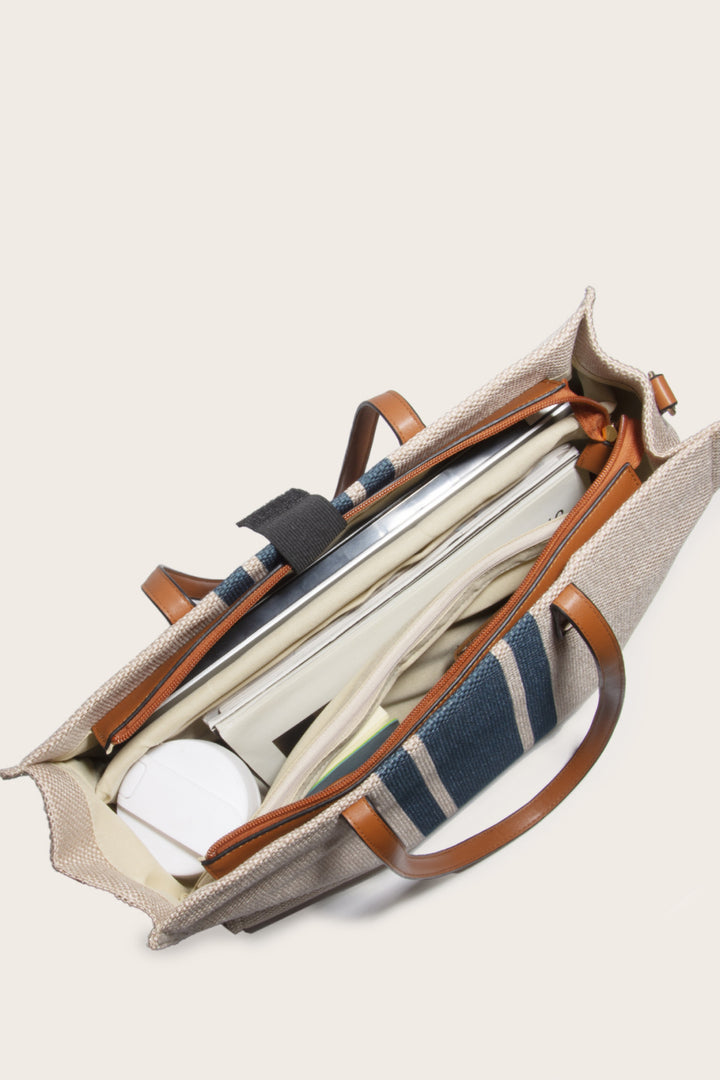Striped woven canvas tote bag with faux leather straps