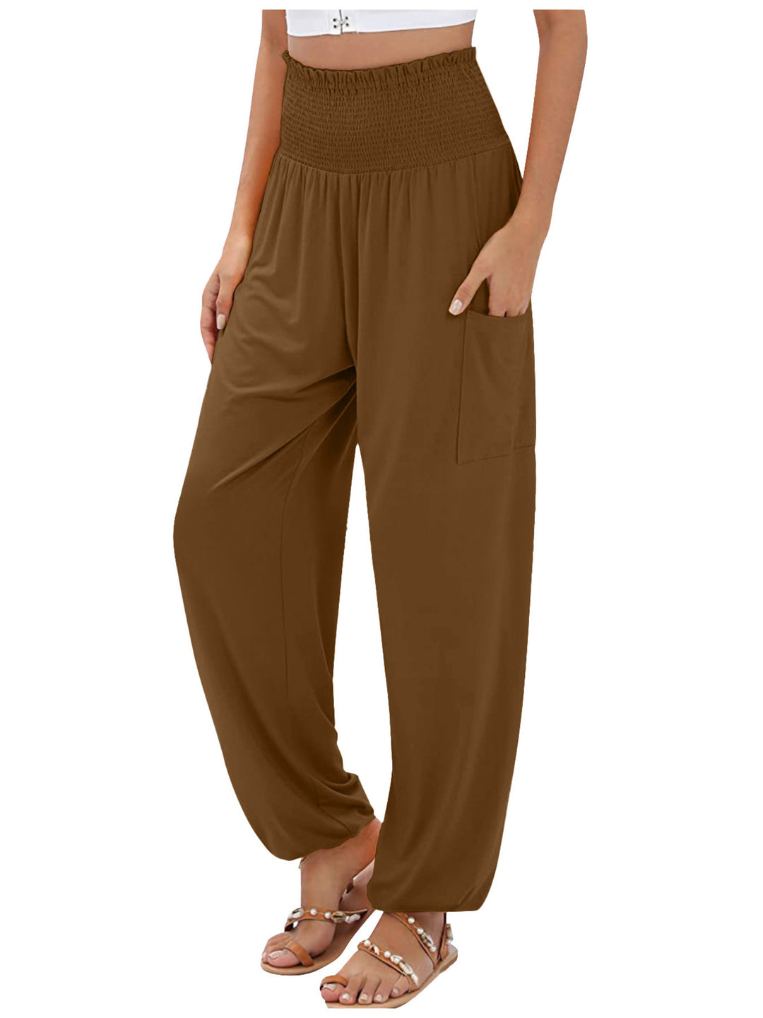 Coffee High-rise smocked harem pants with side pockets