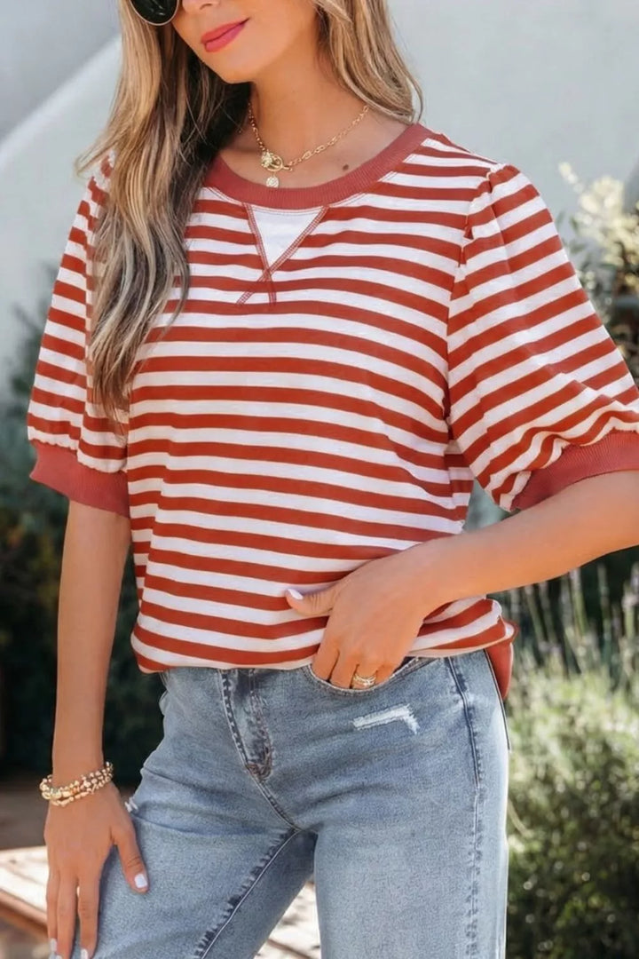 Striped puff sleeve top with crew neck and ribbed hem