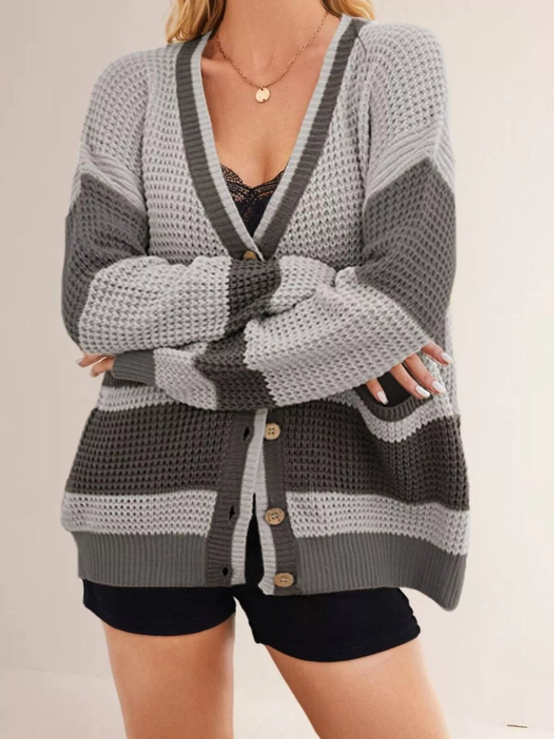 Gray Color block waffle knit button-front V-neck cardigan