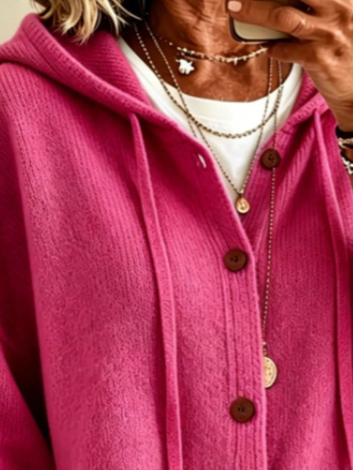 Hooded button-down knit cardigan with patch pockets