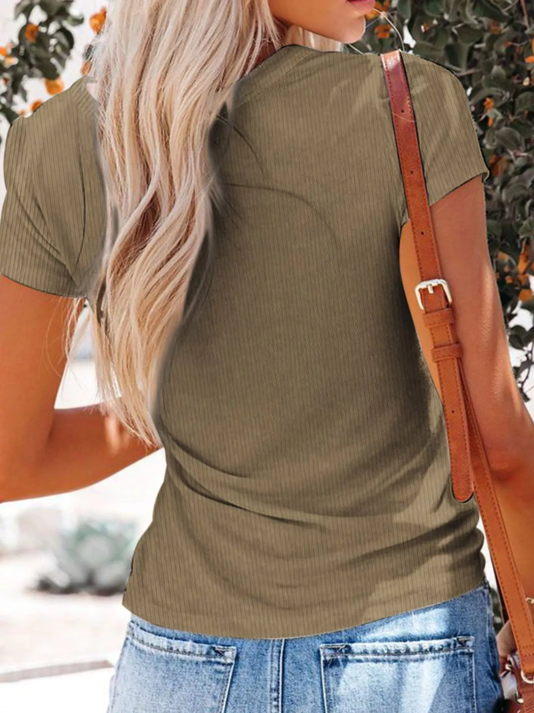 Ribbed v-neck henley tee with button placket