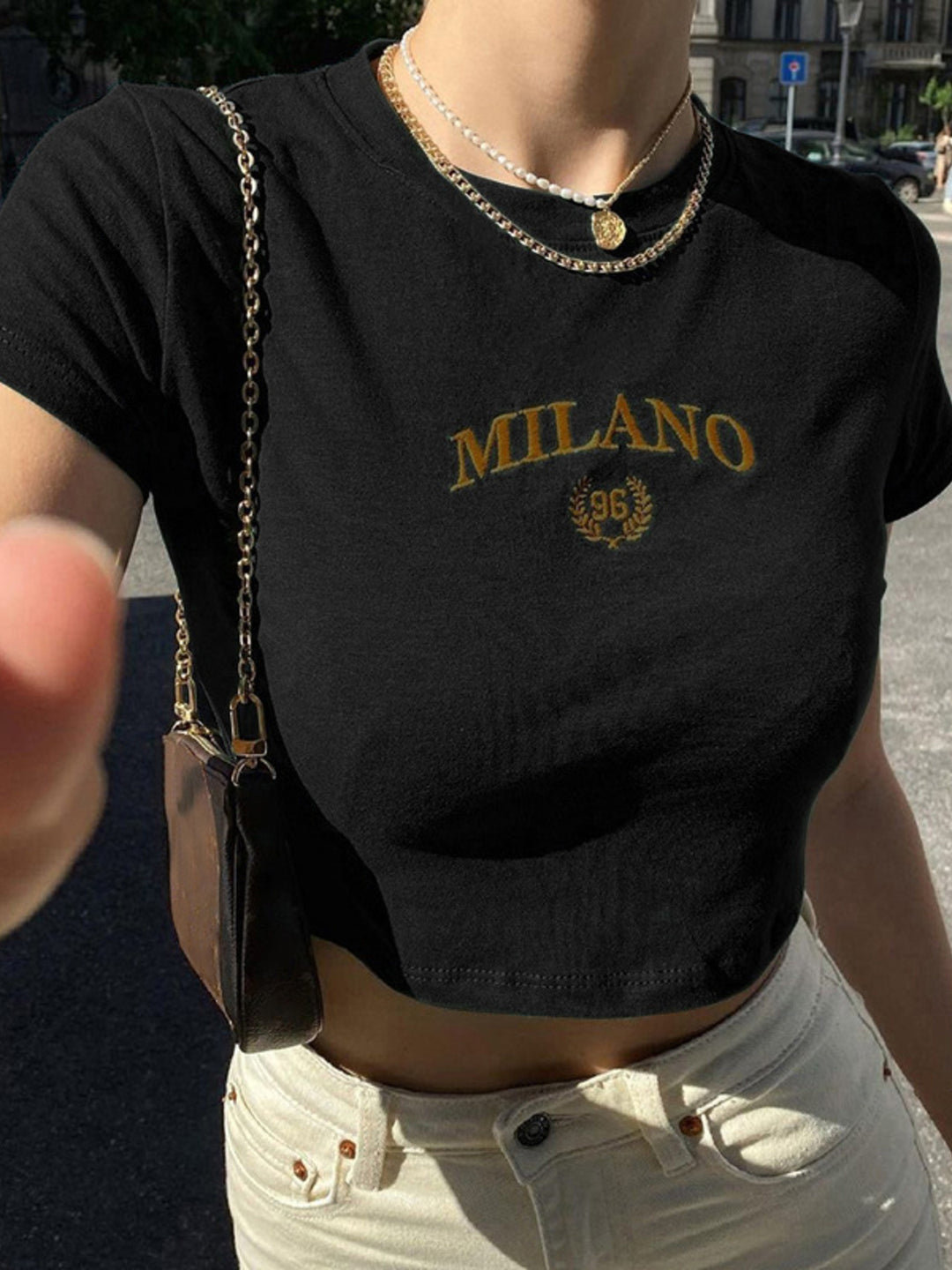 Black Milano embroidered short sleeve crop t-shirt