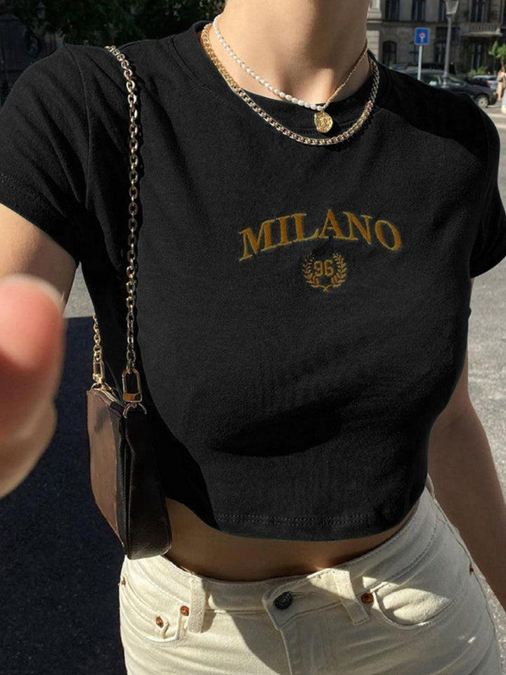 Black Milano embroidered short sleeve crop t-shirt