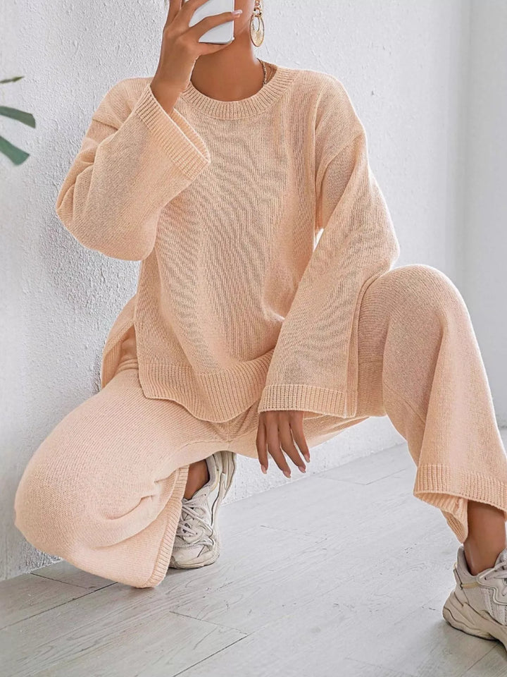 Drop shoulder knit sweater and wide leg pants set
